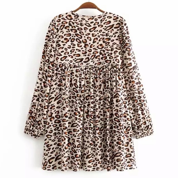Boho Leopard Print Peasant Tunic Print Dress - Picture 3 of 6